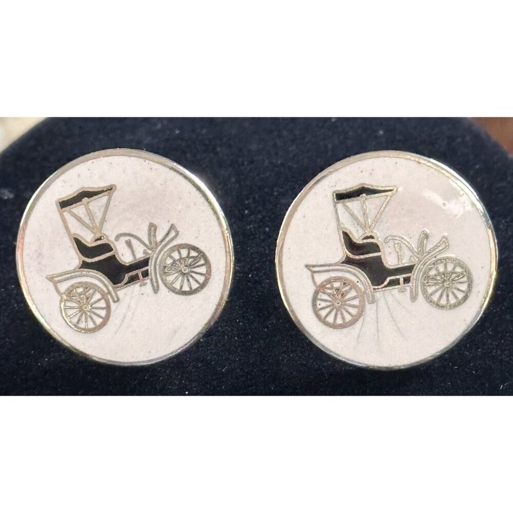 Vintage Enamel 1904 Ford Model A Car Cufflinks Pair‎ Round White Gold